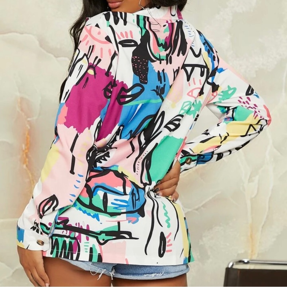 Abstract Figure Graphic Color Block Button Through Blouse - Picture 3 of 3